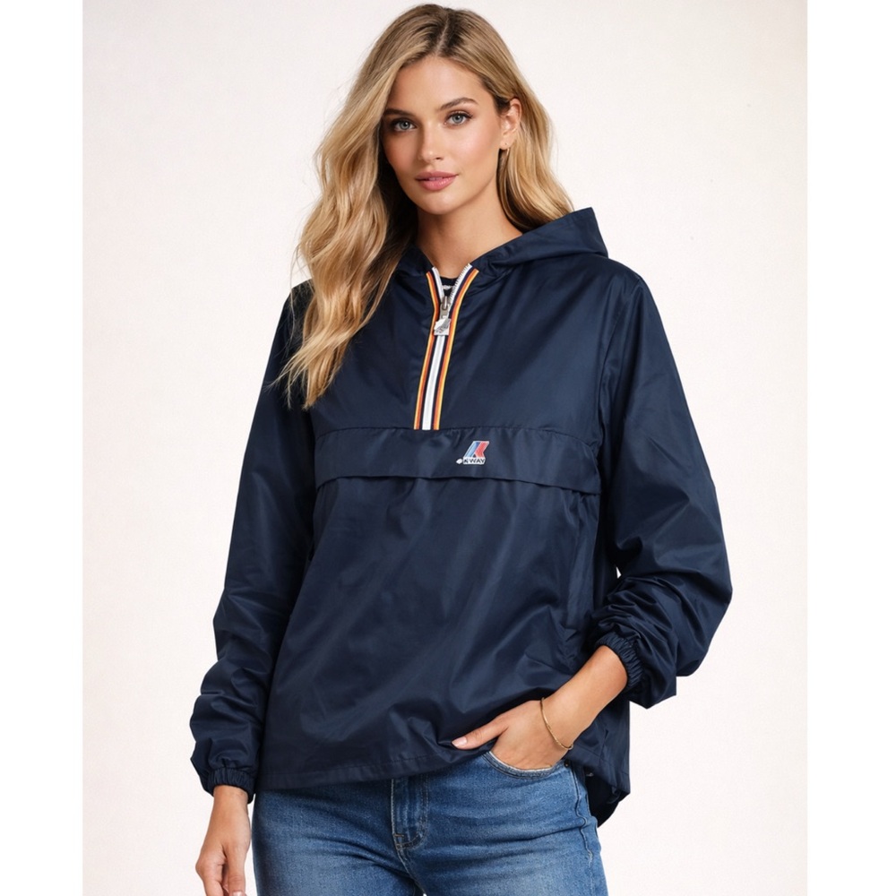 K-Way Navy Hooded Anorak Pullover with Striped Trim